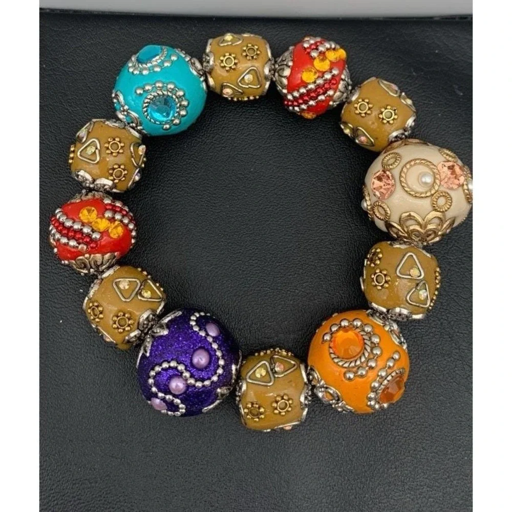 Beautiful Chunky Colorful Ornate Beaded Stretch Bracelet Quality Weighty Beads